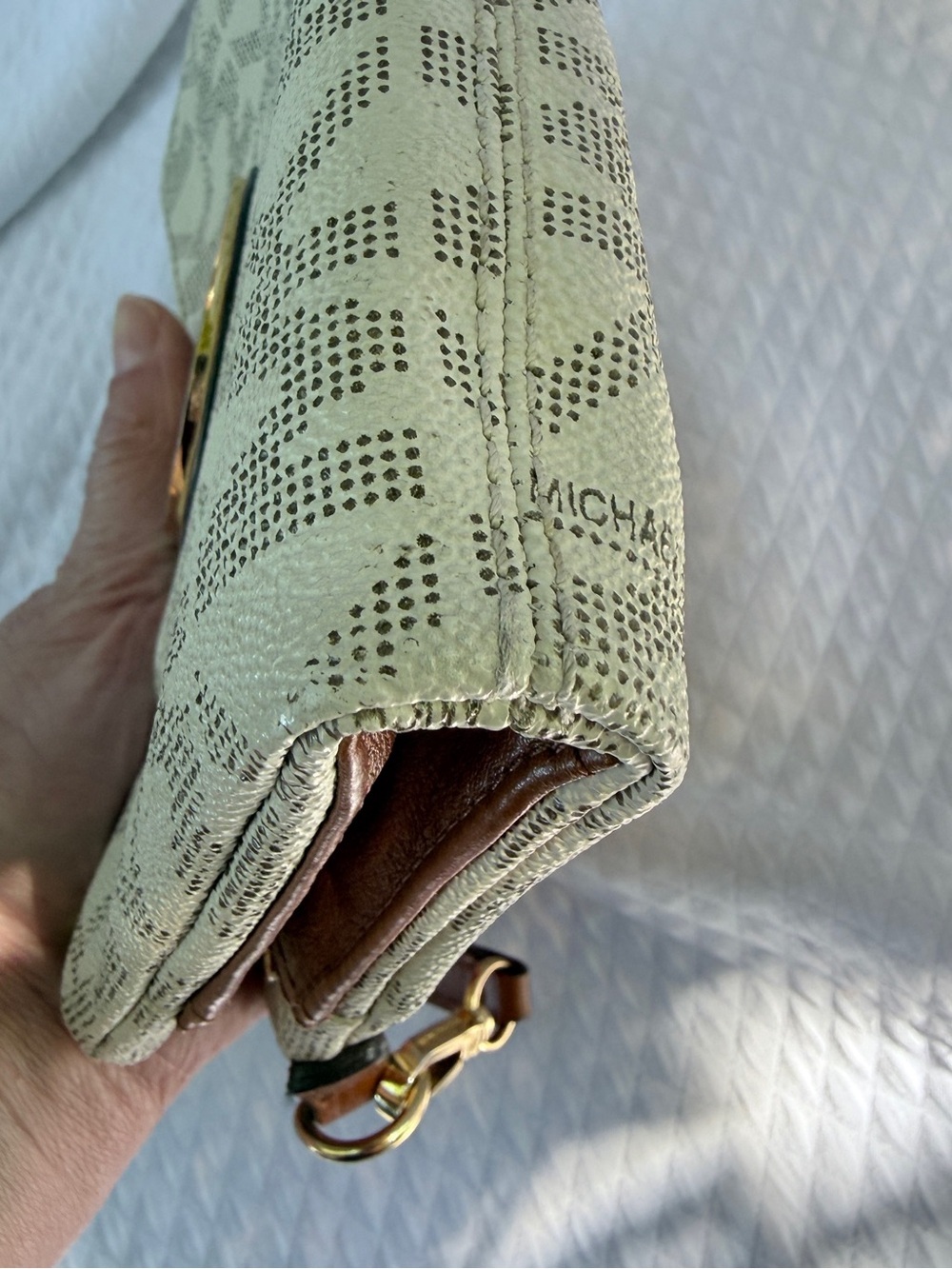Michael Kors Cream Logo Crossbody with Brown Strap and Gold MK Emblem - Picture 8 of 12